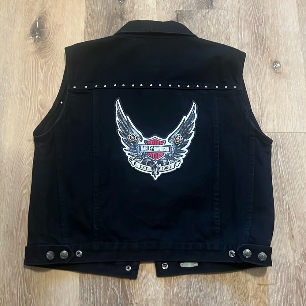 Harley Davidson Black Denim Vest Large 100% Cotton